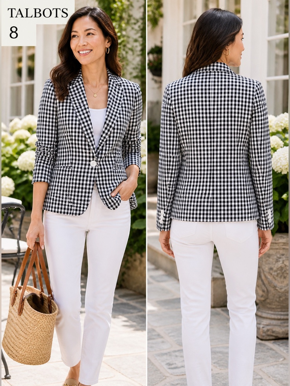 Talbots Blazer Linen/blend Womens size 8 Checkered black &White office siren